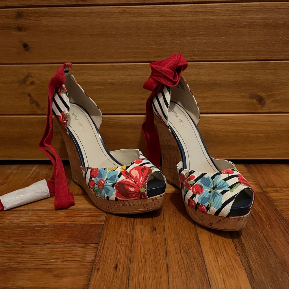 Nine West Floral Stripe Wedges - Red and Blue